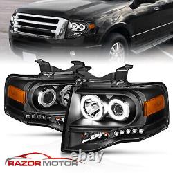 2007-2014 Ford Expedition Halo LED Black Projector Headlights Pair