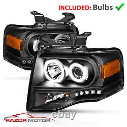 2007-2014 Ford Expedition Halo LED Black Projector Headlights Pair