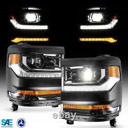 2016-2019 For Chevy Silverado 1500 LED DRL Headlights Projector Black Clear Pair