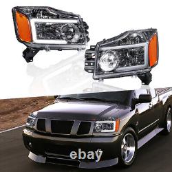 2PCS Chrome LED Bar Headlights Assembly For 2004-2015 Nissan Titan Front Lamps