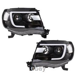 Black Clear LED Tube Projector Headlights Headlamps For 2005-2011 Toyota Tacoma