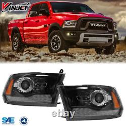 Fit 2009-2018 Dodge Ram 1500/2500/3500 Black LED DRL Projector Headlights Pair