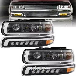 Fits 99-02 Chevy Silverado 00-06 Tahoe LED Projector Headlights+LED Bumper Lamps