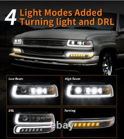 Fits 99-02 Chevy Silverado 00-06 Tahoe LED Projector Headlights+LED Bumper Lamps