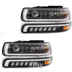 Fits 99-02 Chevy Silverado 00-06 Tahoe LED Projector Headlights+LED Bumper Lamps