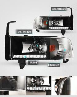 For 1994-2002 Dodge Ram 1500 2500 3500 LED DRL Headlights+Fog Lights Left+Right