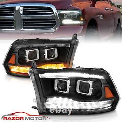 For 2009-2023 Dodge Ram 1500 2500 3500 Black LED Bar Dual Projector Headlights