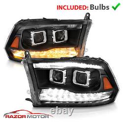 For 2009-2023 Dodge Ram 1500 2500 3500 Black LED Bar Dual Projector Headlights