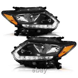 For 2014-2016 Nissan Rogue Halogen Model LED DRL Black Headlights Assembly Lamps