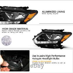 For 2014-2016 Nissan Rogue Halogen Model LED DRL Black Headlights Assembly Lamps