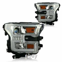 For 2015-2017 Ford F150 F-150 LED DRL Projector Headlights Chrome Clear Headlamp