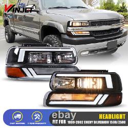 For 99-02 Chevy Silverado 1500 2500 LED DRL Black Headlights+Bumper Signal Lamps