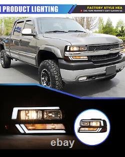 For 99-02 Chevy Silverado 1500 2500 LED DRL Black Headlights+Bumper Signal Lamps