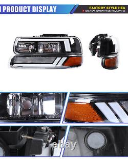 For 99-02 Chevy Silverado 1500 2500 LED DRL Black Headlights+Bumper Signal Lamps