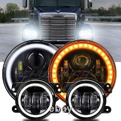 For Freightliner Coronado 7'' inch Round LED Headlights Hi/Lo + 4'' Fog Lights