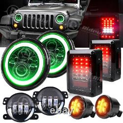 Green Halo 7 LED Headlights 4 Fog Turn Tail Lights Combo for Jeep Wrangler JK