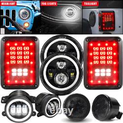 Halo 7'' LED Headlights Halo 4 Fog Turn Tail Brake Lights for Jeep Wrangler JK