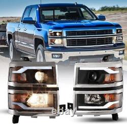 Headlights For 2014 2015 Chevy Silverado 1500 Projector LED DRL Bar Chrome Trim