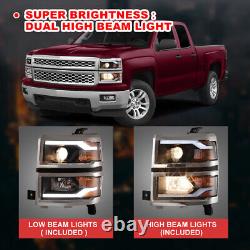 Headlights For 2014 2015 Chevy Silverado 1500 Projector LED DRL Bar Chrome Trim