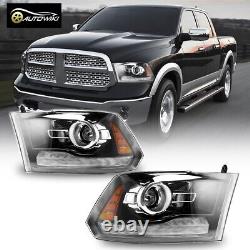 LED DRL Headlights For 2009-2018 Dodge Ram 1500 2500 3500 Black Clear Projectors