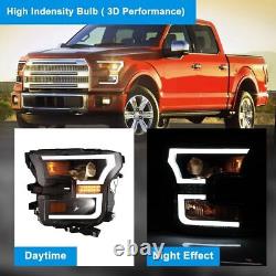 LED DRL Headlights For 2015-2017 Ford F-150 F150 Black Housing Projector Lamps