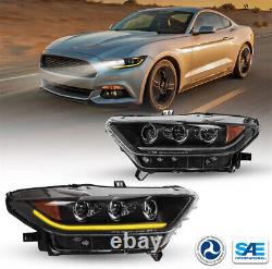 LED DRL Headlights For 2015-2017 Ford Mustang Sequential Projector Headlamp Pair