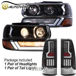 LED DRL Headlights Lamps + Black Tail Lights Pair for 1999-2002 Chevy Silverado