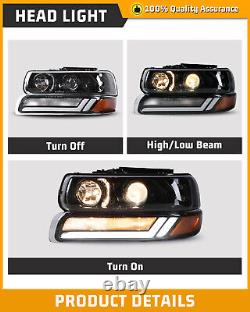 LED DRL Headlights Lamps + Black Tail Lights Pair for 1999-2002 Chevy Silverado