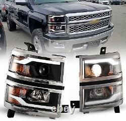 LED Strip DRL Chrome Projector Headlights Pair for 2014-15 Chevy Silverado 1500