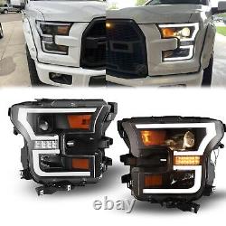 PAIR LED DRL Projector Headlights For 2015 2016 2017 Ford F-150 F150 Headlamps