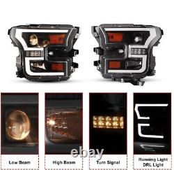 PAIR LED DRL Projector Headlights For 2015 2016 2017 Ford F-150 F150 Headlamps