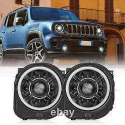 Pair 9'' Inch LED Headlights with Halo Angel Eyes For Jeep Renegade 2015-2024