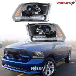 Pair Headlight For 2009-18 Dodge Ram 1500-3500 Halogen with LED DRL Black Housing