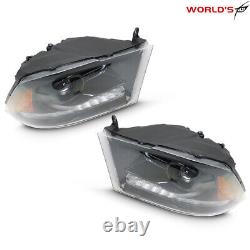 Pair Headlight For 2009-18 Dodge Ram 1500-3500 Halogen with LED DRL Black Housing