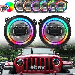 9 phares à LED Halo RGB + combo de feux de brouillard pour Jeep Wrangler JL JLU Gladiator