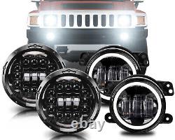 Pour Hummer H3 H3T 06-10 Ensemble de phares avant LED de 7 pouces avec feux de jour et halo + kit de 4 feux antibrouillard